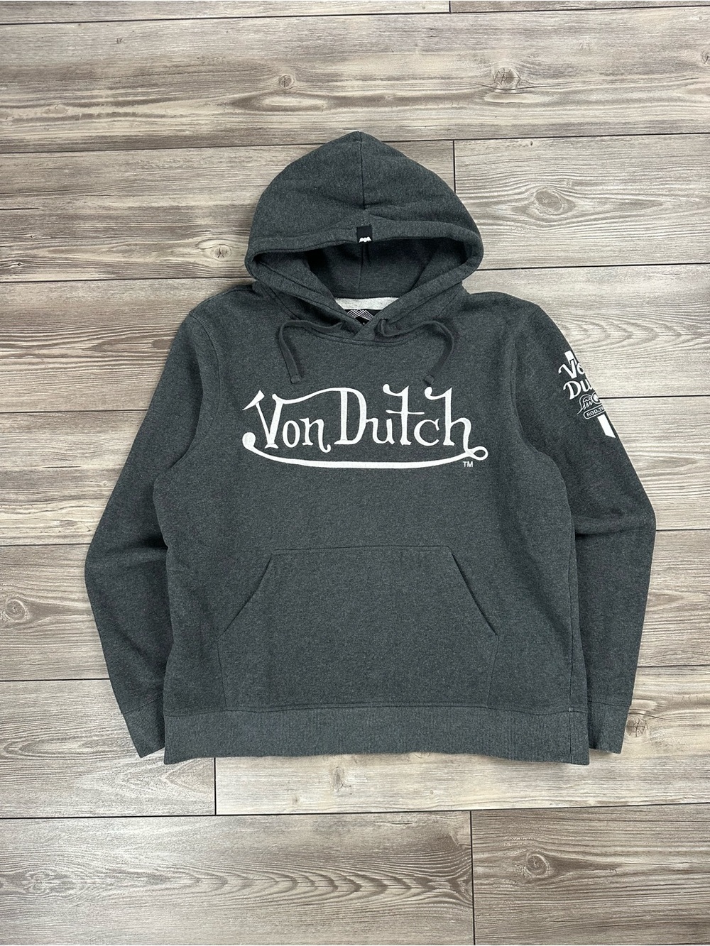 Y2K Von Dutch Embroidered Charcoal Gray Pullover Hoodie